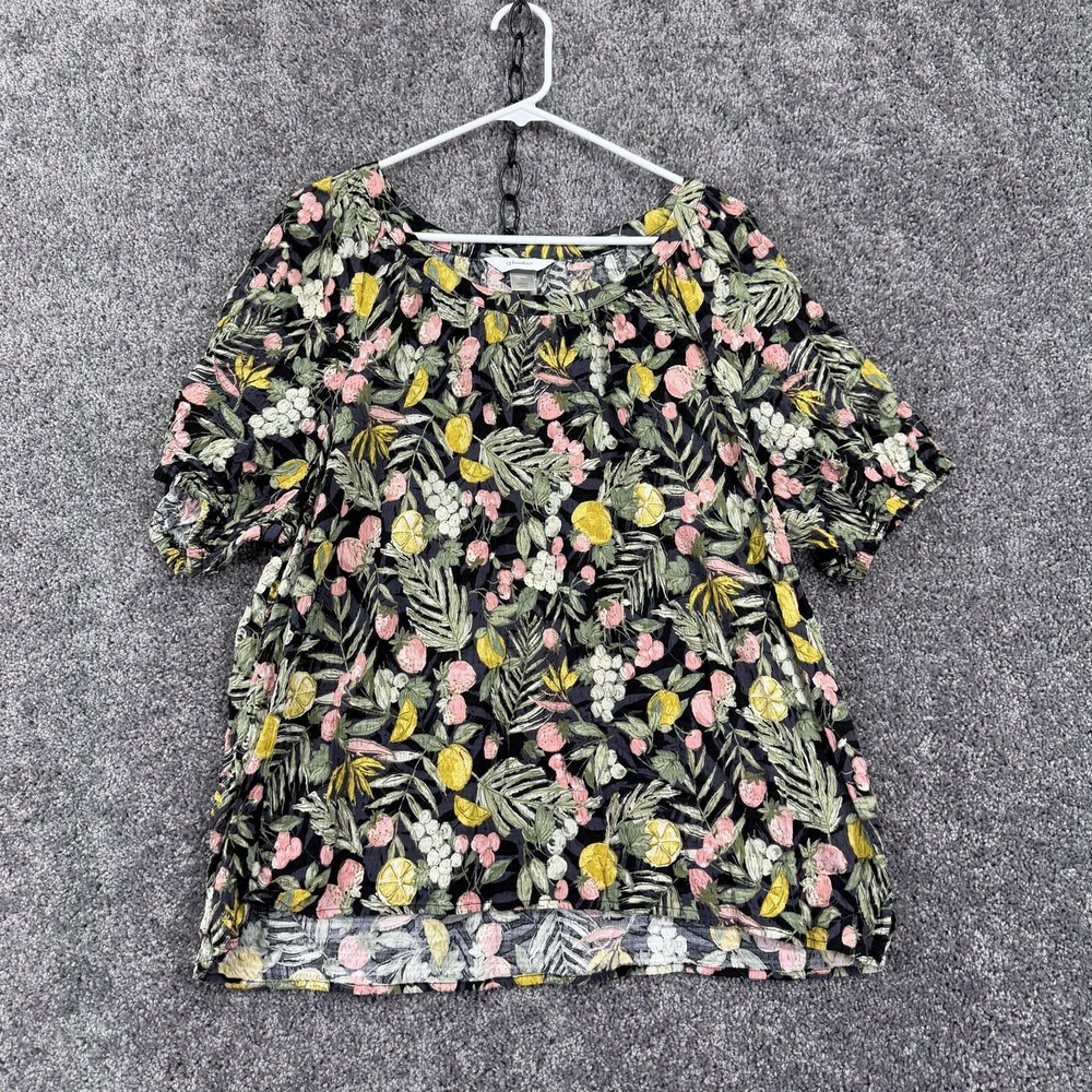 CJ Banks Blouse Womens 1X Multicolor Tropical Floral Puff Sleeve Casual